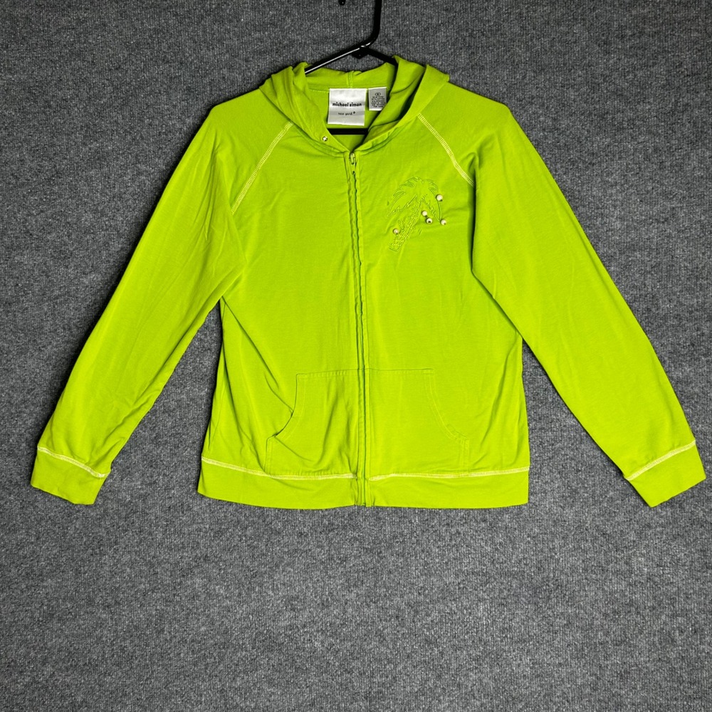 Michael Simon New York Lime Green Palm Tree Beaded Zip Up Hoodie Women Small